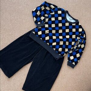 Sonia Rykiel Velour Argyle Lounge Set- Blue, Cream & Black w/ Wide Cropped Pants